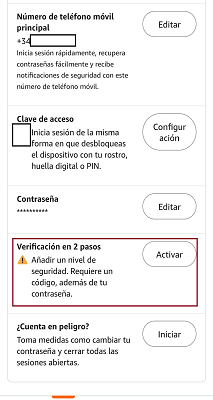 Verificación en dos pasos cuenta Amazon Prime