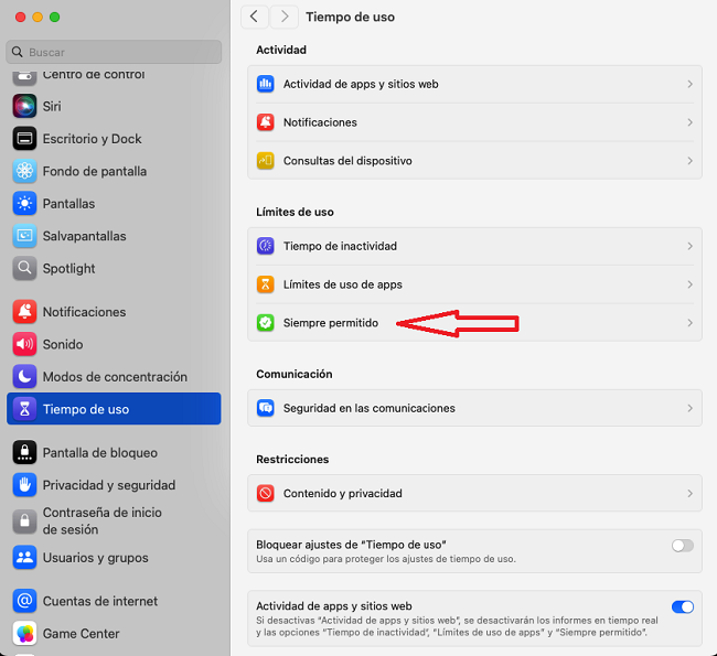 Ajustes tiempo de uso MacOS
