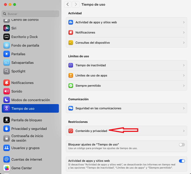 Ajustes tiempo de uso MacOS