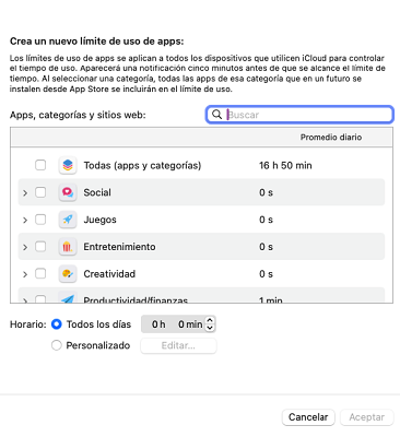 Límites de uso de apps MacOS