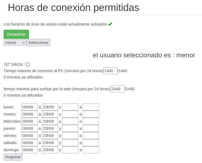 Horas de conexión permitidas CTparental