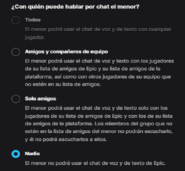 Ejemplo medida de seguridad de chat Epic Games