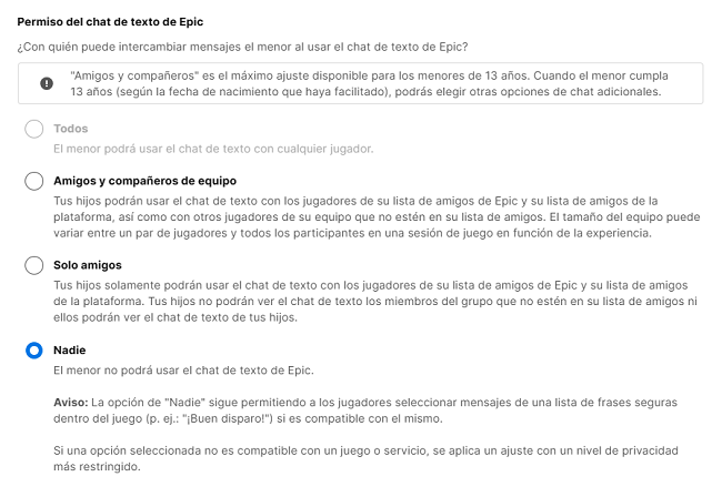 Permiso del chat de texto Epic Games