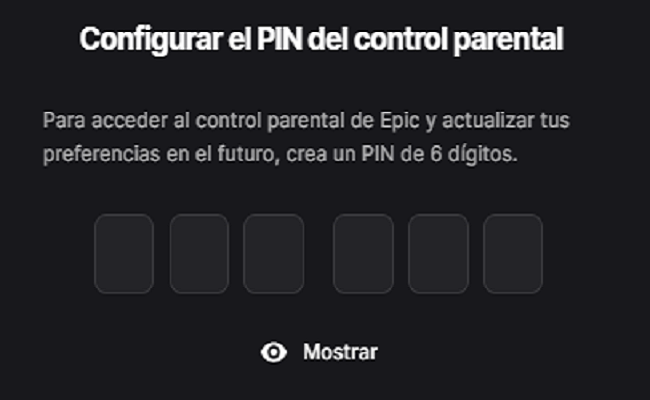 Configuración de PIn de control parental Epic Games