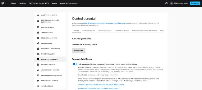 Ajustes de pagos Epic Games