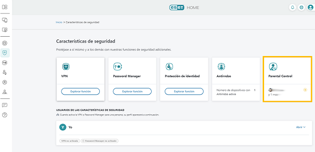 Página principal ESET Control Parental