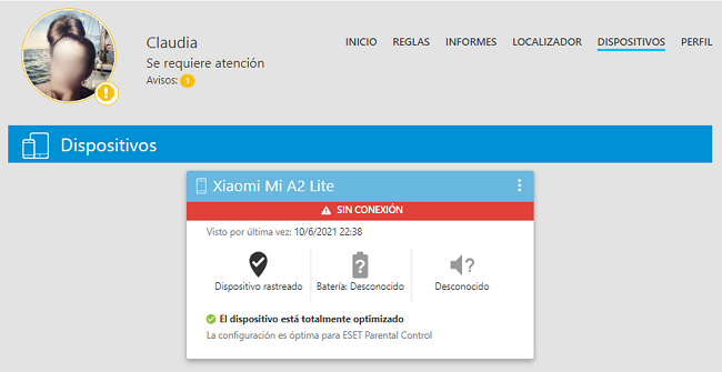Información dispositivo ESET Control Parental