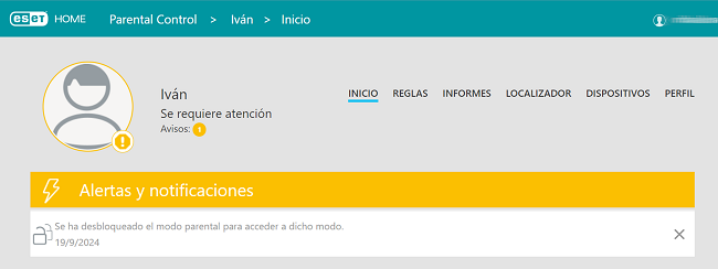 Alertas y notificaciones ESET Control Parental