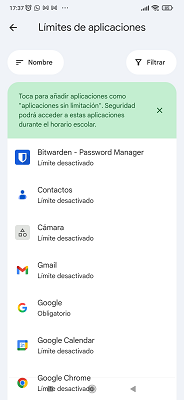 Límites de aplicaciones Google Family Link