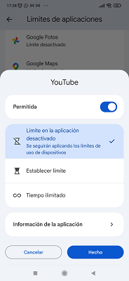 Opción de activar límites Google Family Link