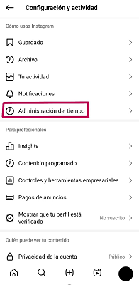Configuración y actividad Instagram