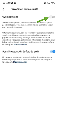 Opción de cuenta privada Instagram
