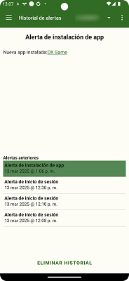 Historial de alertas MMGuardian