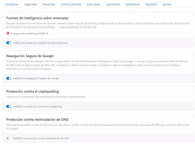 Panel de control de seguridad NextDNS