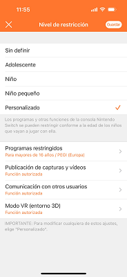 Nivel de restricción Nintendo Switch