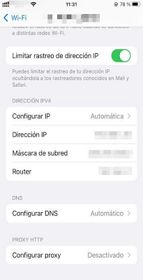 Menú WiFi de iOS OpenDNS FamilyShield