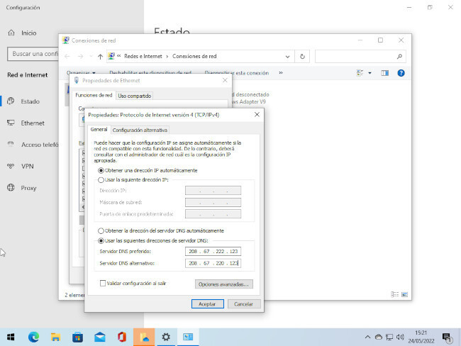 Menú de operaciones de Windows OpenDNS FamilyShield