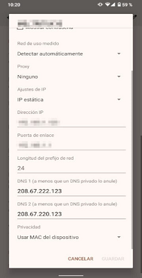 Menú de conexión Android OpenDNS FamilyShield