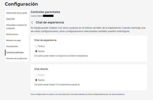 Configuración de controles parentales Roblox