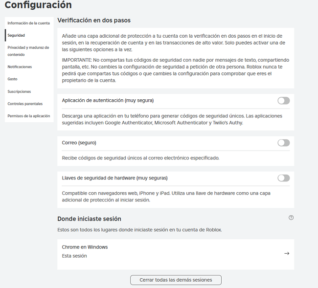 Seguridad de la cuenta Roblox