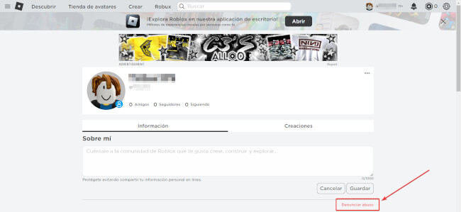 Pantalla del perfil Roblox