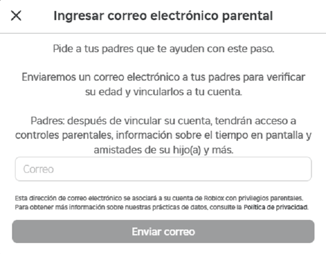Añadir correo electrónico parental Roblox