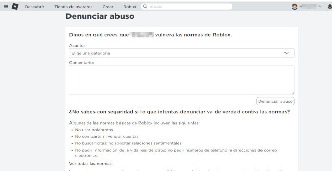 Denunciar abuso Roblox