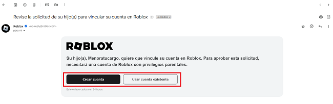 Correo sobre creación de cuenta Roblox