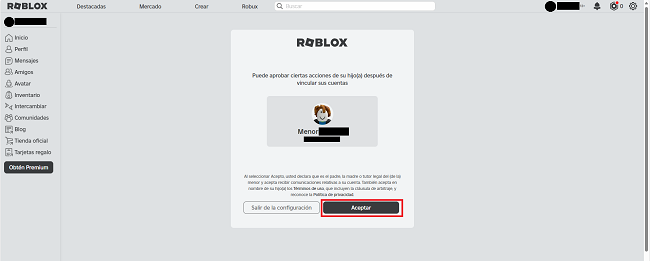 Permiso sobre creación de cuenta Roblox