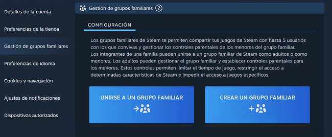 Gestión de grupos familiares Steam