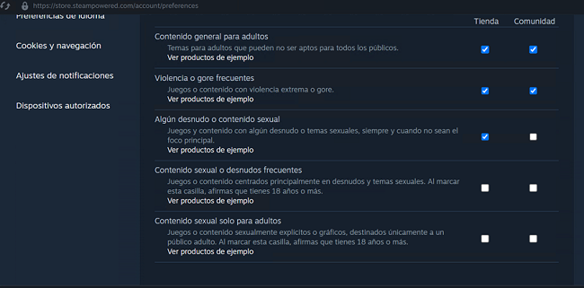 Preferencias de contenido de la tienda Steam