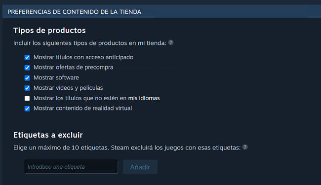 Preferencias de contenido de la tienda Steam