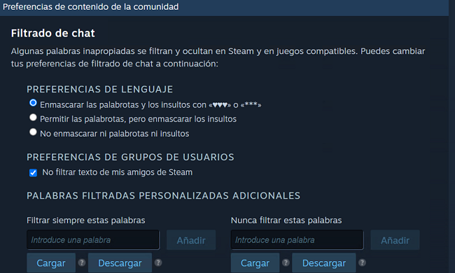 Filtrado de chat Steam