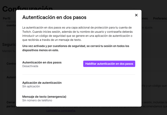 Autenticación en dos pasos Twitch