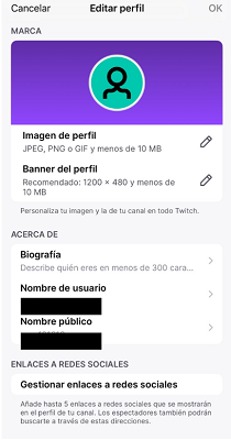Ajustes de perfil app Twitch