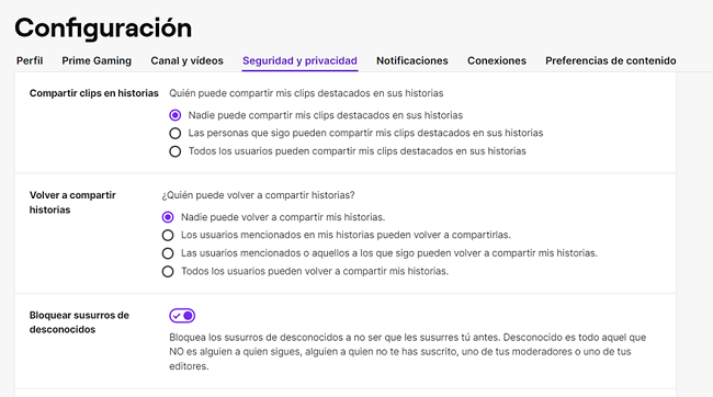 Configuración susurros Twitch