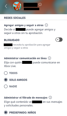 Ajustes de redes sociales XBOX