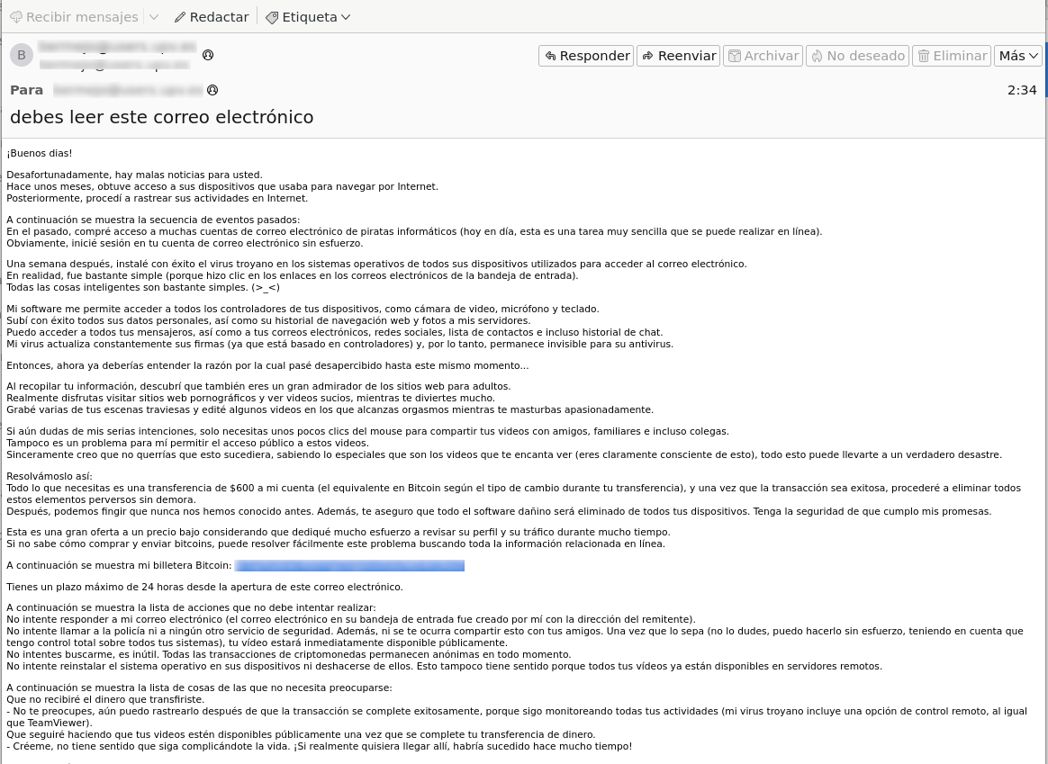 La imagen representa el cuerpo de otra de las variantes de correos electrónicos que le envían los ciberdelincuentes a las supuestas víctimas de sextorsión para chantajearlas. 3