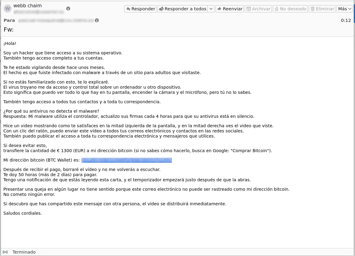 La imagen representa el cuerpo de otra de las variantes de correos electrónicos que le envían los ciberdelincuentes a las supuestas víctimas de sextorsión para chantajearlas. 4