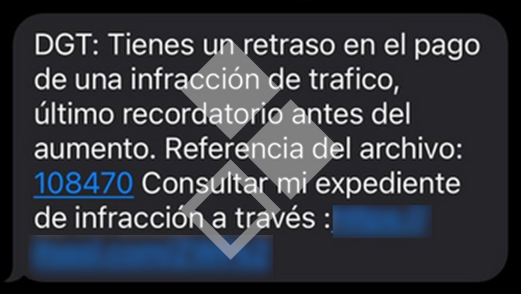  En la imagen se representa un mensaje de texto de la DGT que informa de que DGT: Tienes un retraso en el pago de una infracción de trafico, último recordatorio antes del aumento. Referencia del archivo:108470 Consultar mi expediente de infracción a través: [URL]