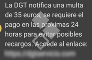  En la imagen se representa un mensaje de texto de la DGT que informa de que La DGT notifica una multa de 35 euros; se requiere el pago en las proximas 24 horas para evitar posibles recargos. Accede al enlace: [URL]