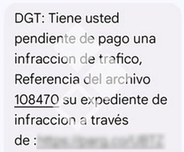  En la imagen se representa un mensaje de texto de la DGT que informa de que DGT: Tiene usted pendiente de pago una infraccion de trafico, Referencia del archivo 108470 su expediente de infraccion a través de [URL]