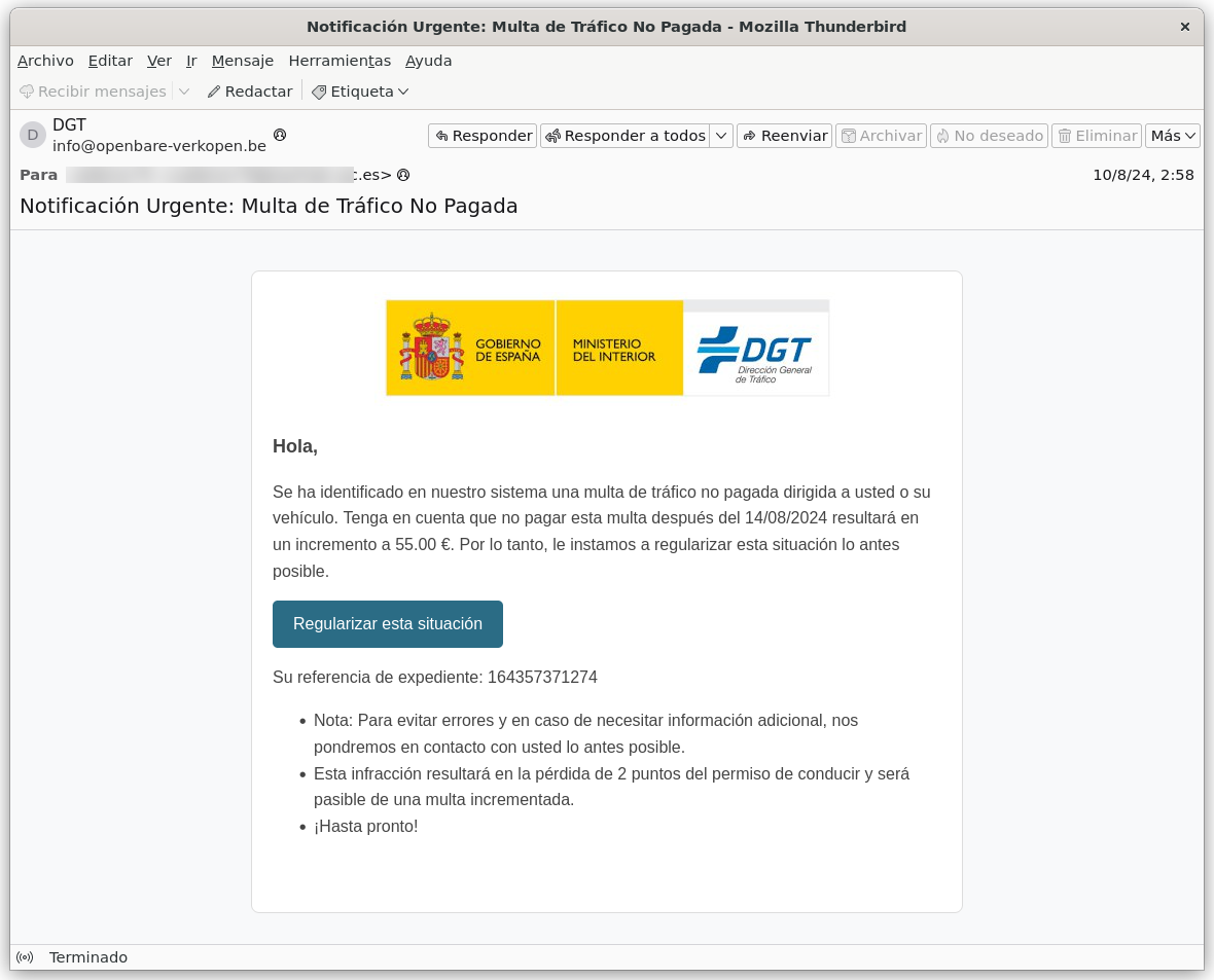 Esta imagen representa un correo electrónico haciéndose pasar por la
DGT indicando que el usuario que lo recibe tiene una supuesta multa
pendiente de pago y se le apremia a acceder a un enlace y resolver dicho
pago pendiente.