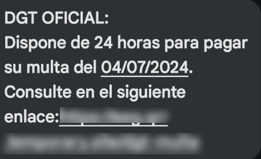 Esta imagen representa un fraude sobre un mensaje de texto que alerta
al usuario de que dispone de 24 horas para pagar una multa pendiente.