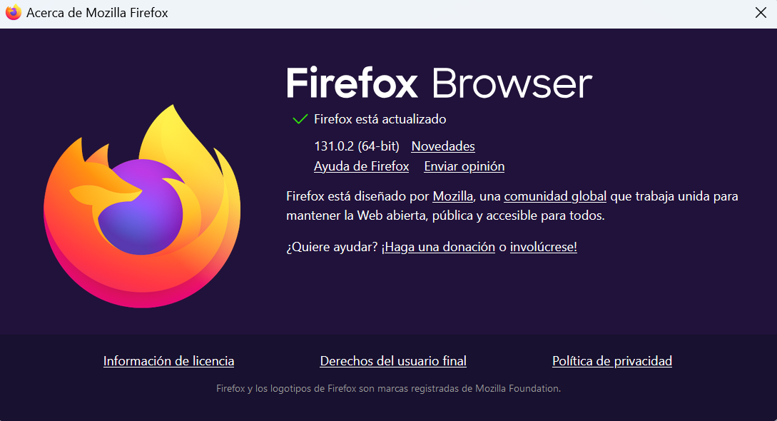 En la imagen se muestra una ventana de ajustes del navegador Mozilla Firefox en la cual indica que está actualizado a la última versión con un símbolo de check.