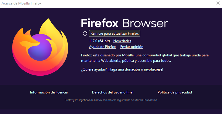 En la imagen se muestra una ventana en la cual indica que el navegador Mozilla Firefox no está actualizado a su última versión, por lo que se recomienda reiniciar para actualizarlo.