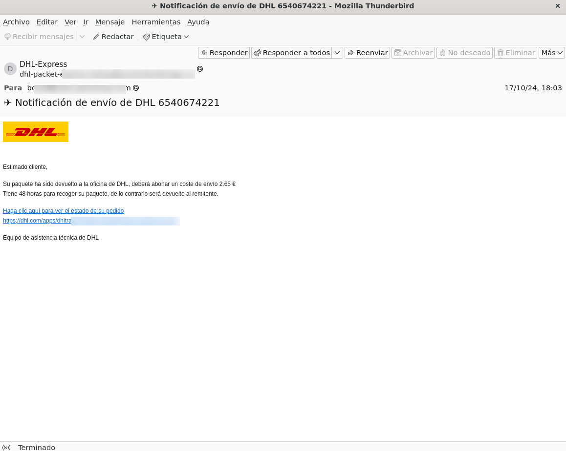 En la imagen se puede apreciar un presunto correo electrónico enviado por la empresa de paquetería DHL donde se indica que el paquete ha sido devuelto.