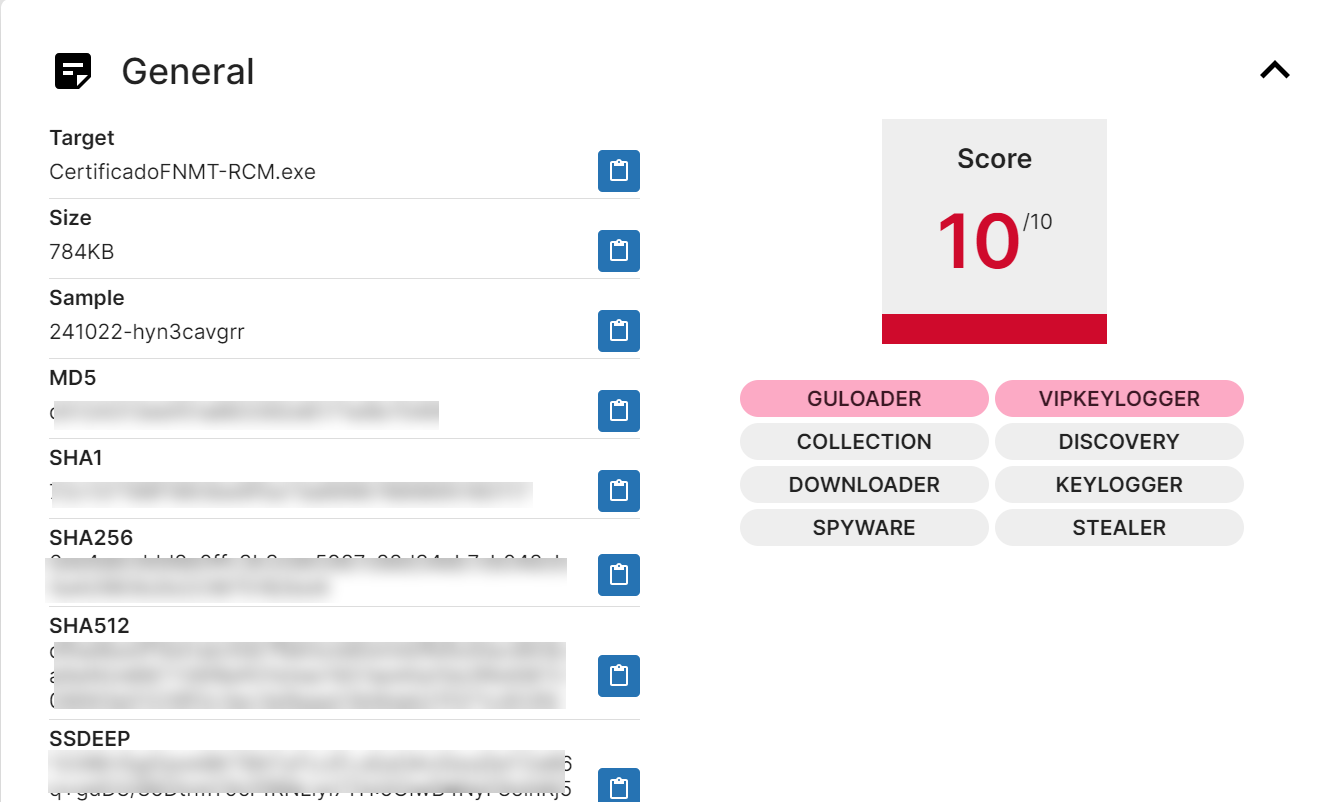 La imagen representa un análisis realizado por Triage del supuesto certificado adjunto en el correo, en el que se aprecia la peligrosidad de este virus calificándolo en diez de diez.