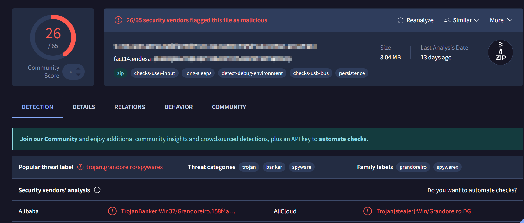 En la imagen se detalla un análisis del fichero adjunto o en otros casos descargado tras ser redireccionado con la herramienta online VirusTotal, siendo como resultado positivo en el troyano bancario Grandoreiro.