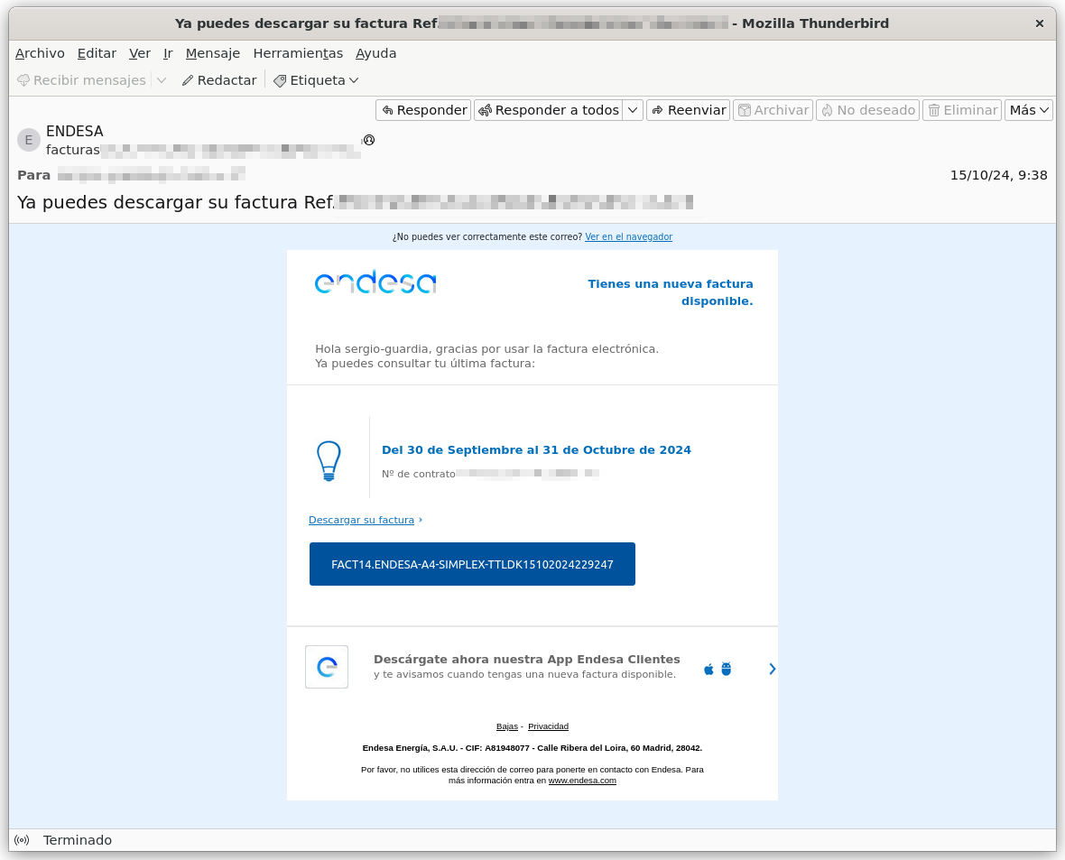 En la imagen se detalla un correo electrónico fraudulento donde, esta vez, suplantan la identidad de Endesa, una empresa de energía para que descargues un malware.